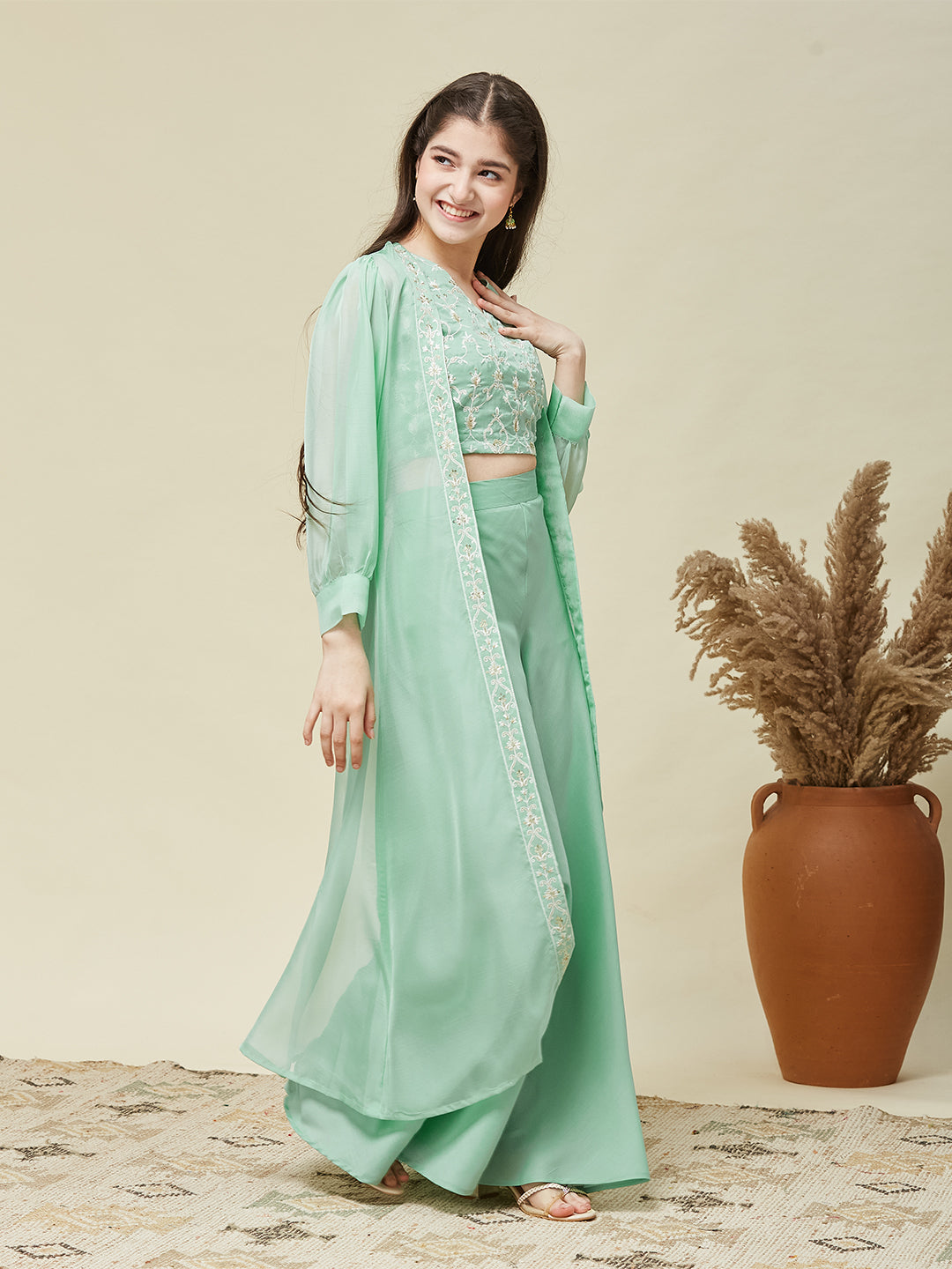 Girl's Mint cotton Embroidered Top,Plazoo Shurg Set