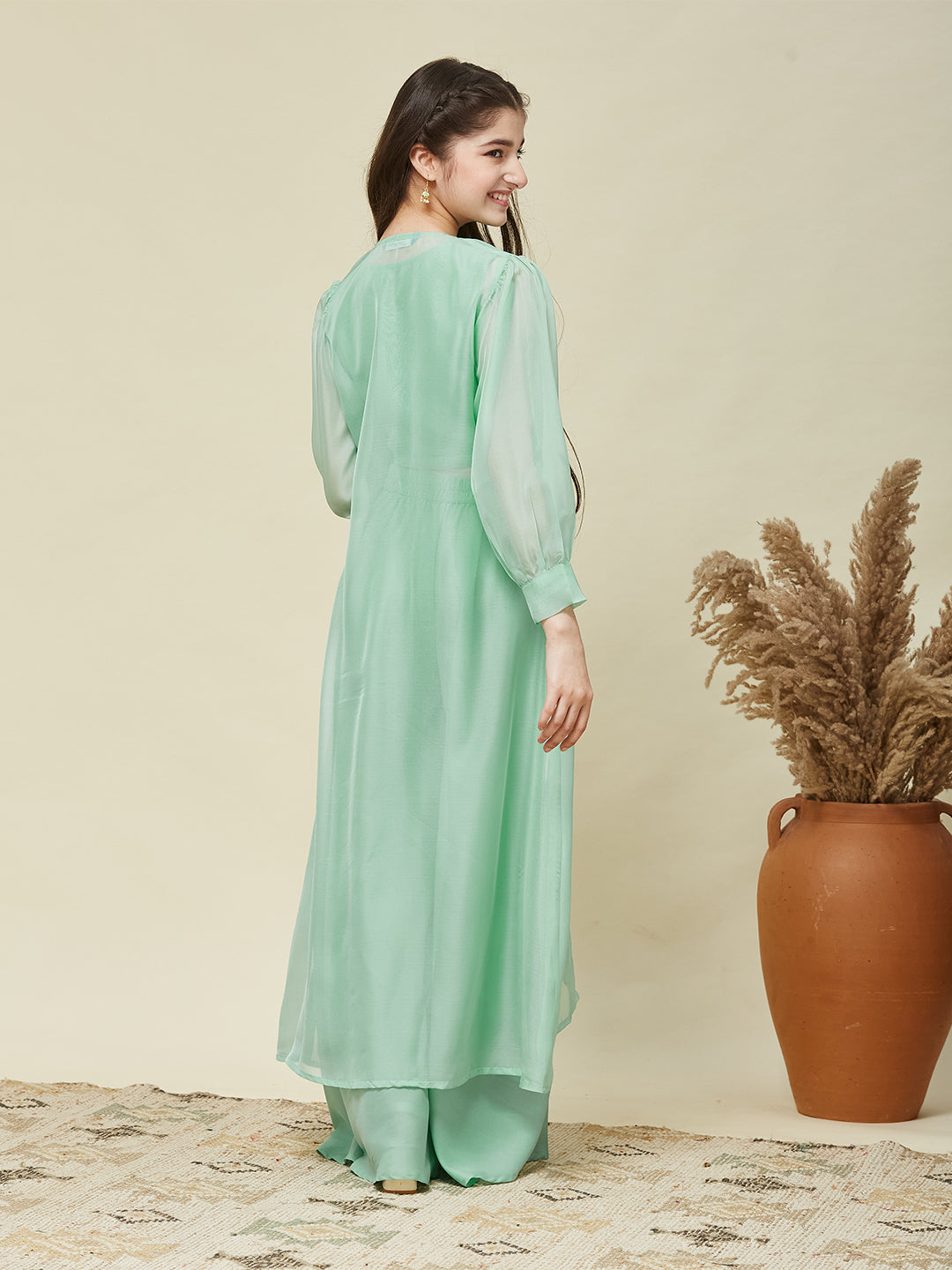 Girl's Mint cotton Embroidered Top,Plazoo Shurg Set