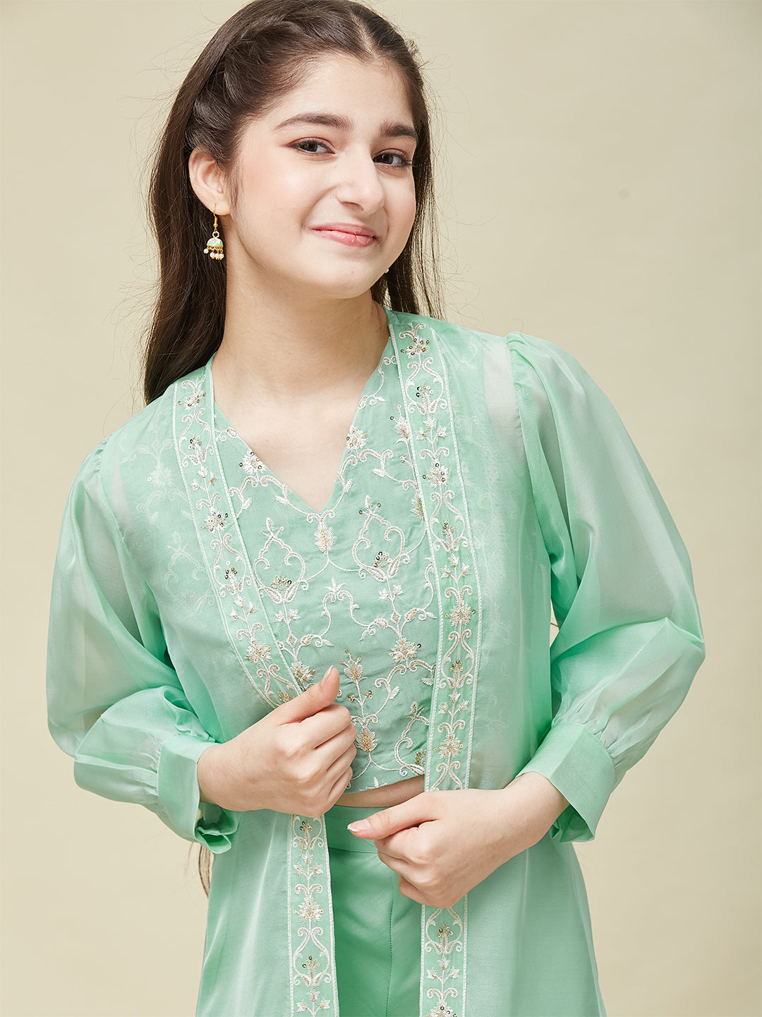 Girl's Mint cotton Embroidered Top,Plazoo Shurg Set
