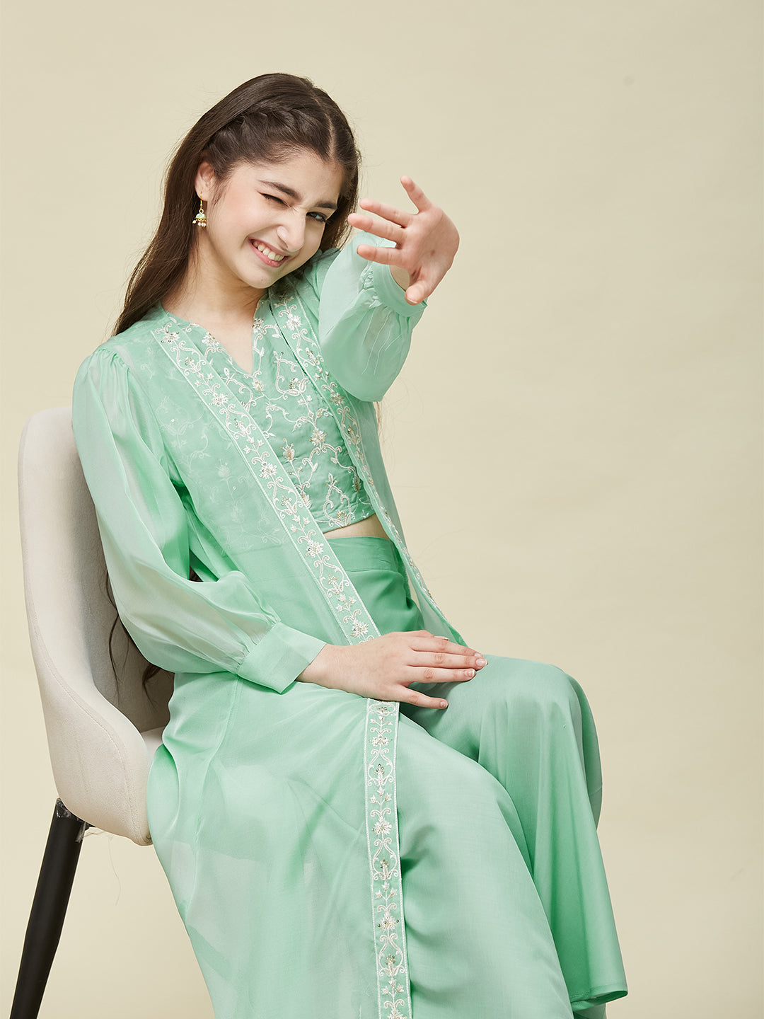 Girl's Mint cotton Embroidered Top,Plazoo Shurg Set
