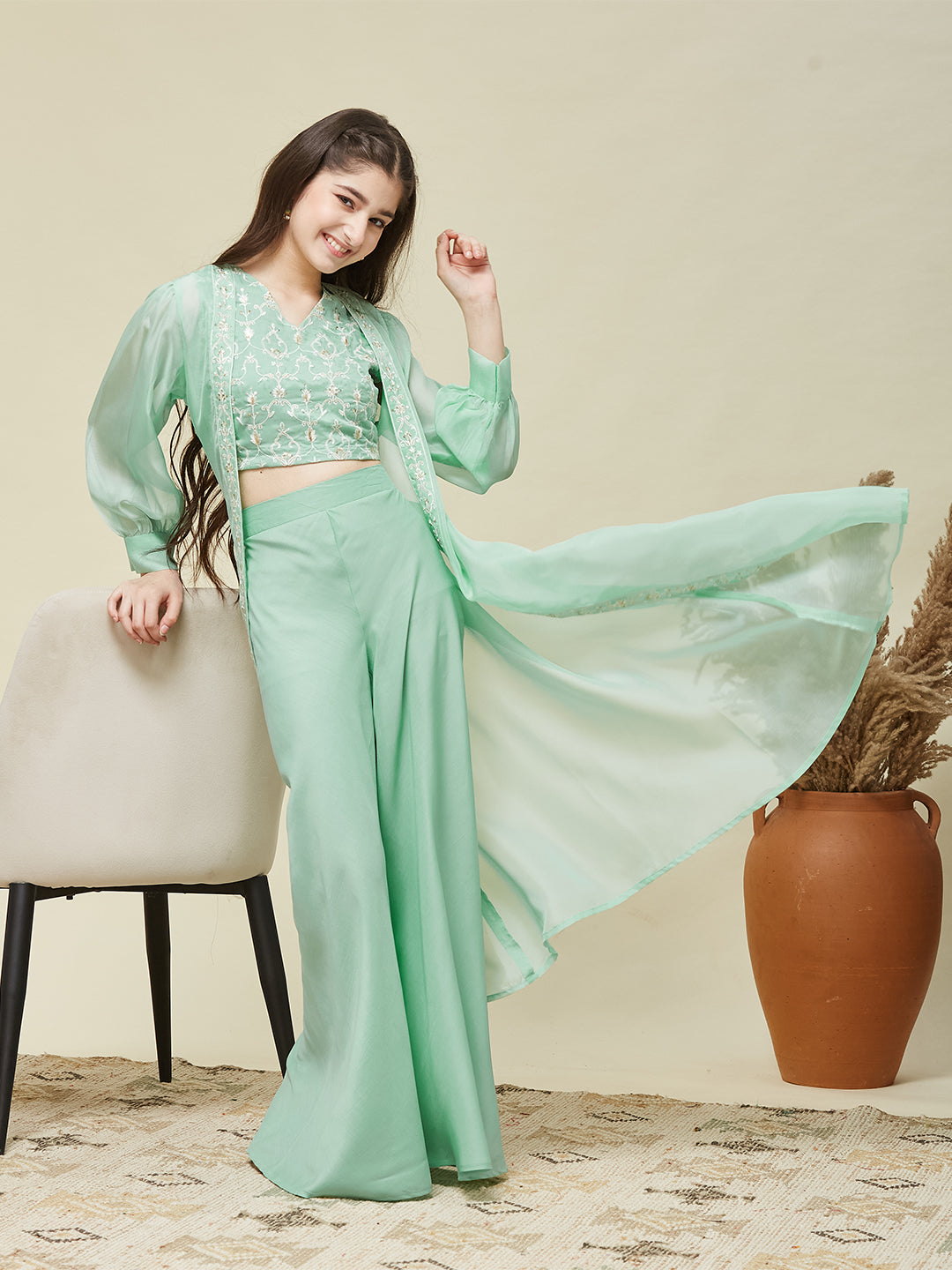 Girl's Mint cotton Embroidered Top,Plazoo Shurg Set