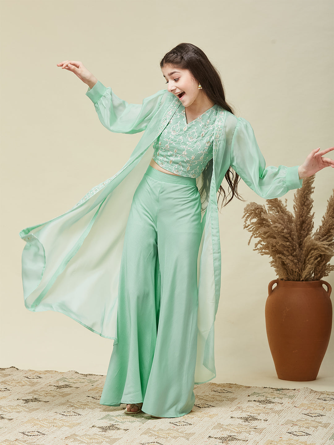 Girl's Mint cotton Embroidered Top,Plazoo Shurg Set