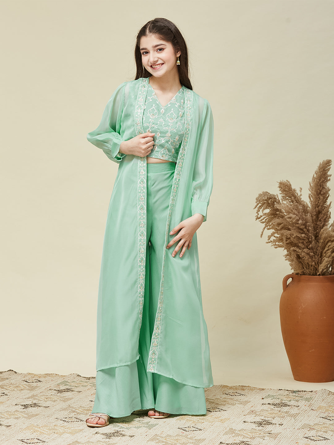 Girl's Mint cotton Embroidered Top,Plazoo Shurg Set