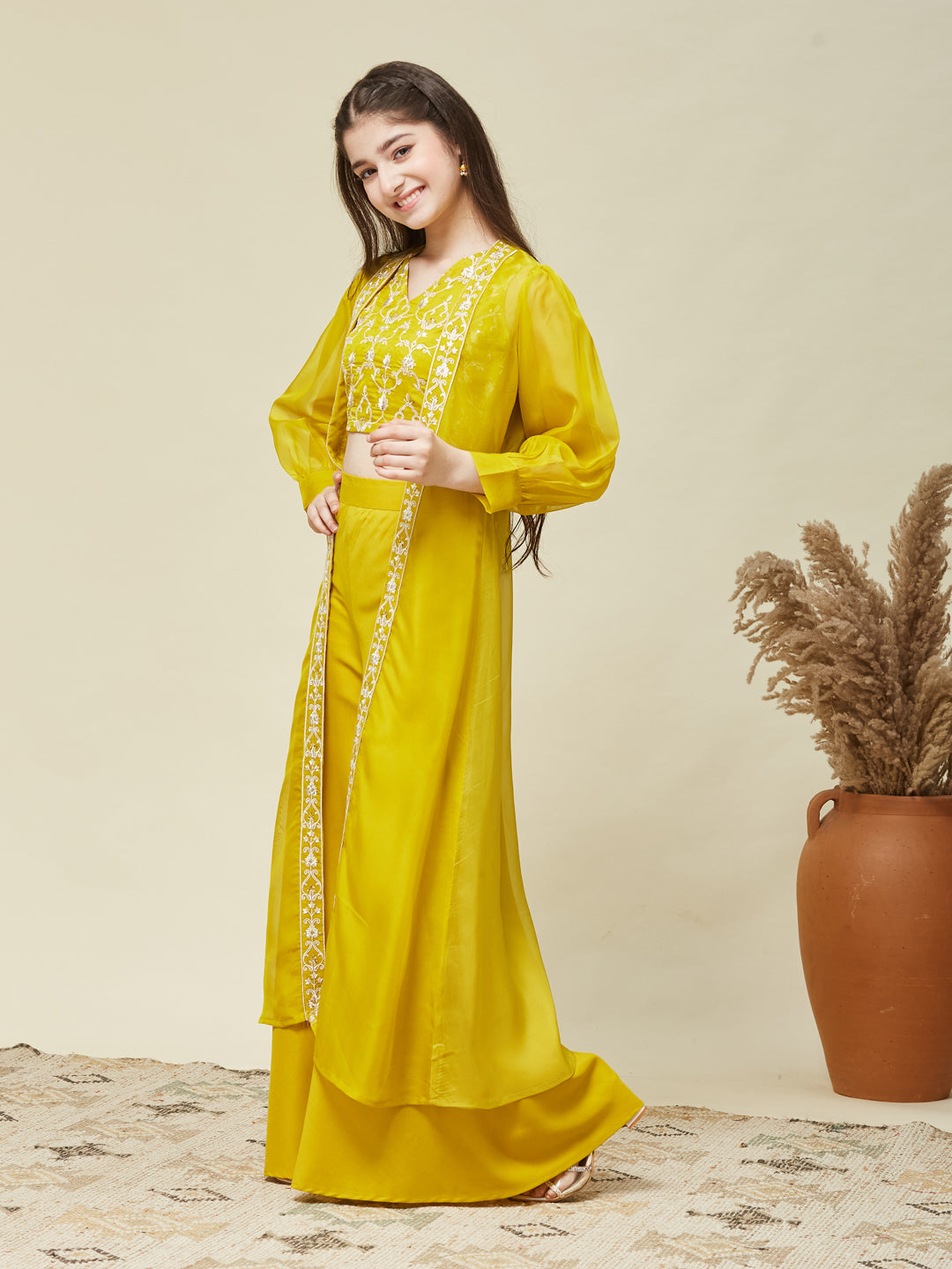 Girl's Yellow cotton Embroidered Top,Plazoo Shurg Set