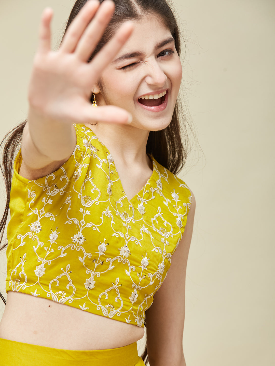 Girl's Yellow cotton Embroidered Top,Plazoo Shurg Set