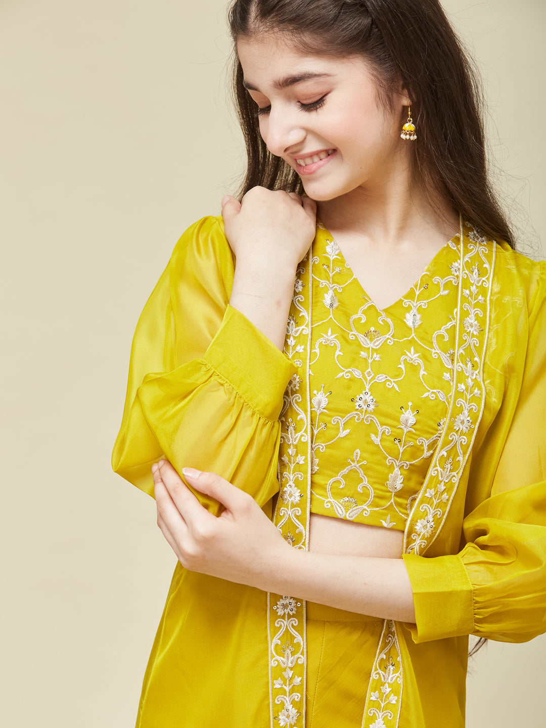 Girl's Yellow cotton Embroidered Top,Plazoo Shurg Set