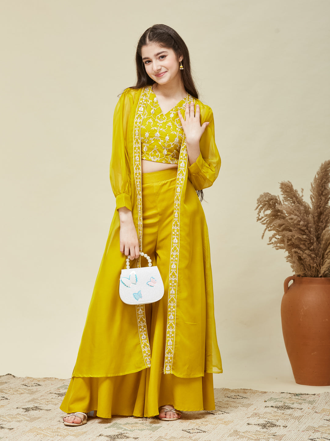 Girl's Yellow cotton Embroidered Top,Plazoo Shurg Set