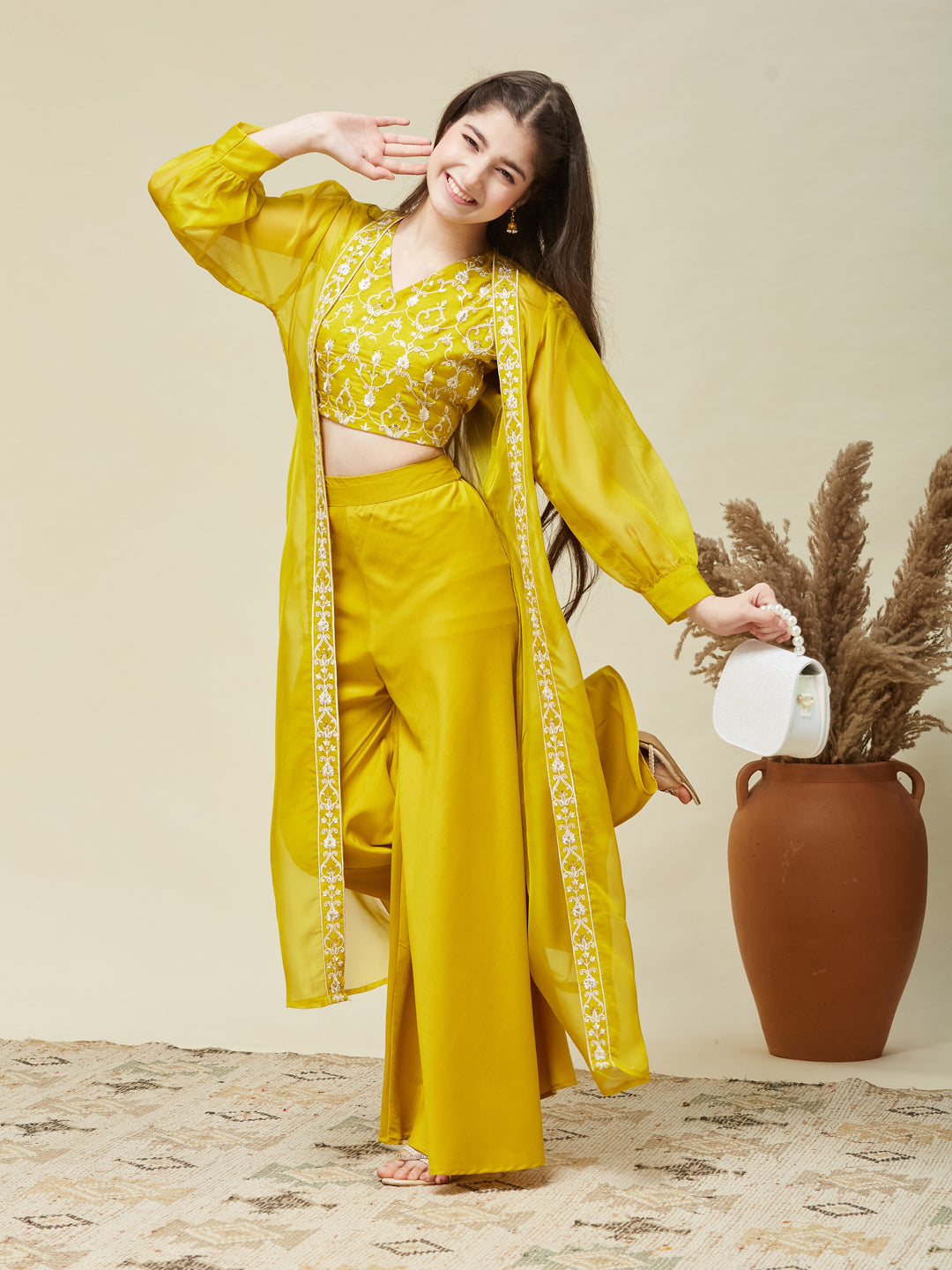 Girl's Yellow cotton Embroidered Top,Plazoo Shurg Set