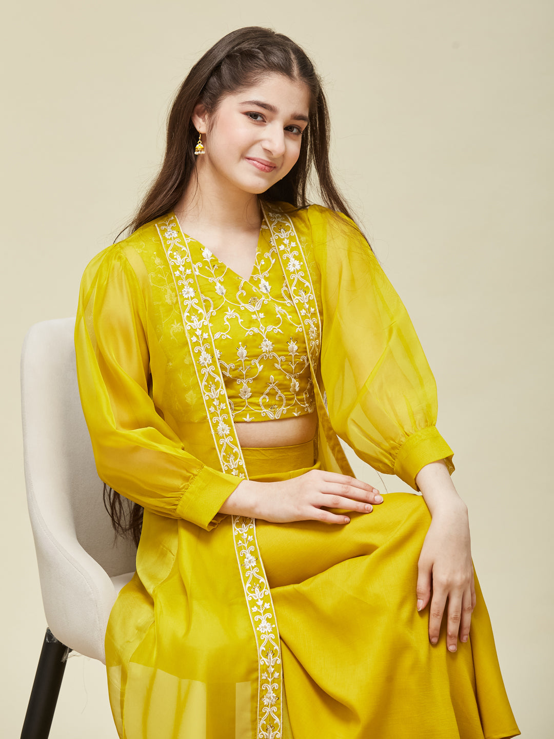 Girl's Yellow cotton Embroidered Top,Plazoo Shurg Set