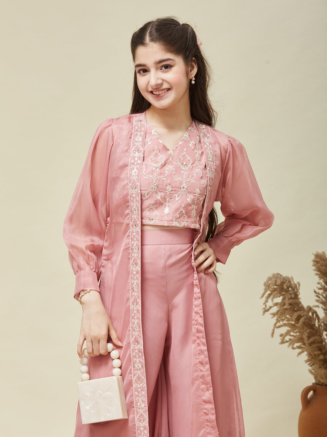 Girl's Pink Embroidered Top,Plazoo Shurg Set