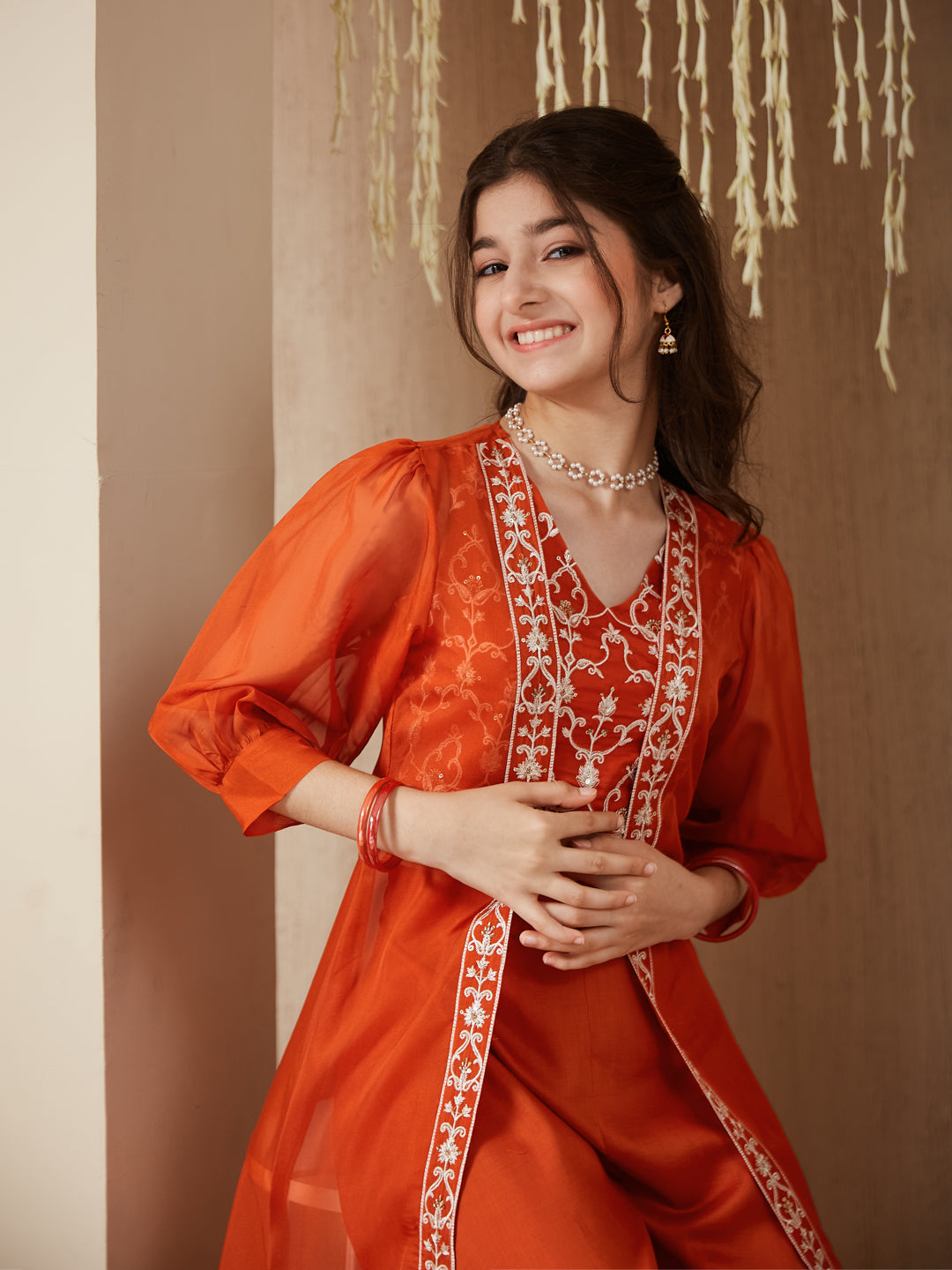 Orange cotton Embroidered Top, Palazzo Shrug Set Girl's