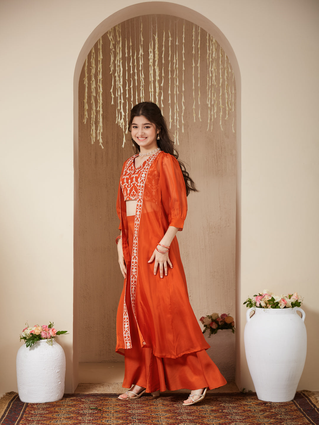 Orange cotton Embroidered Top, Palazzo Shrug Set Girl's