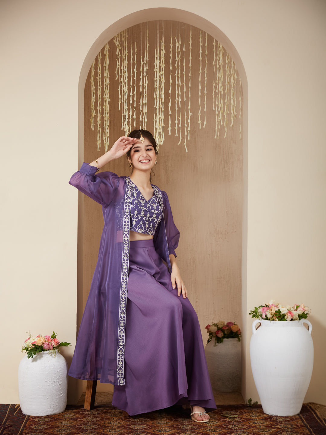 Lavender Embroidered Top,Plazoo and Shurg Set Girl's