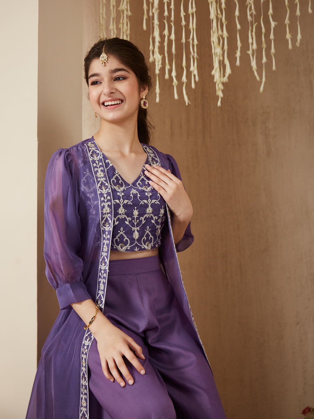 Lavender Embroidered Top,Plazoo and Shurg Set Girl's