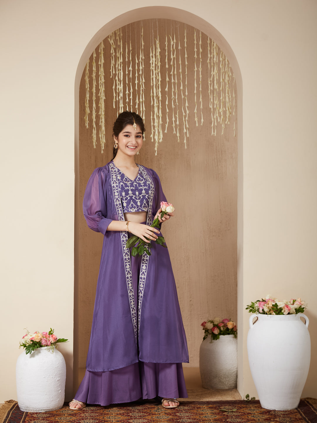 Lavender Embroidered Top,Plazoo and Shurg Set Girl's