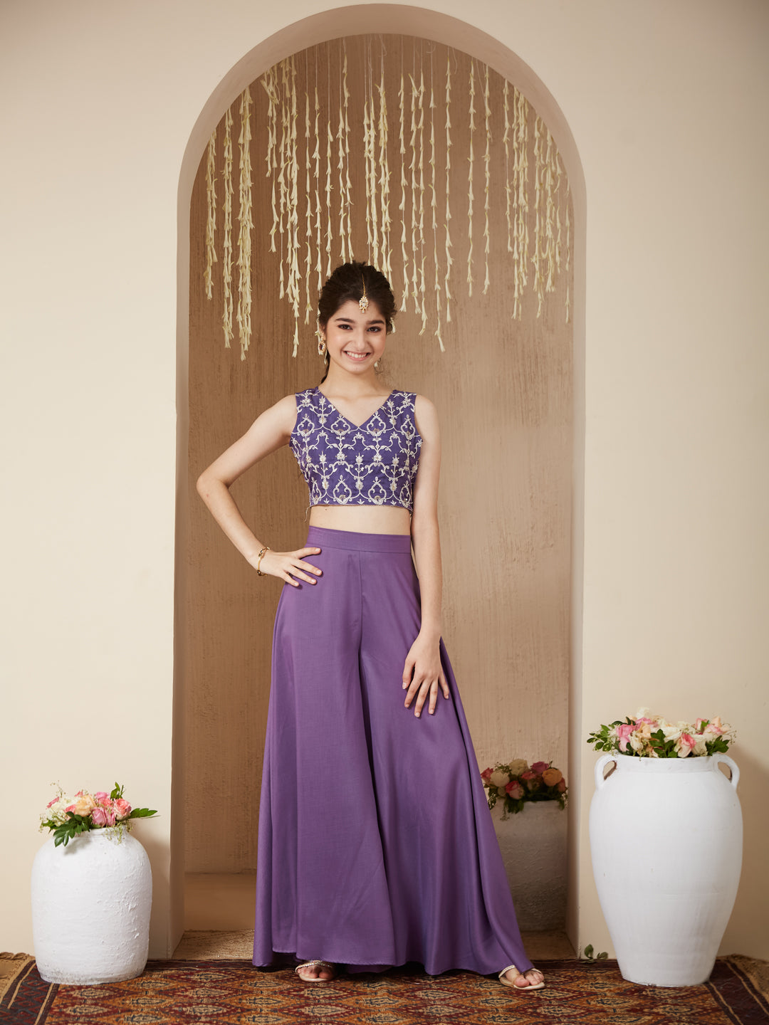 Lavender Embroidered Top,Plazoo and Shurg Set Girl's