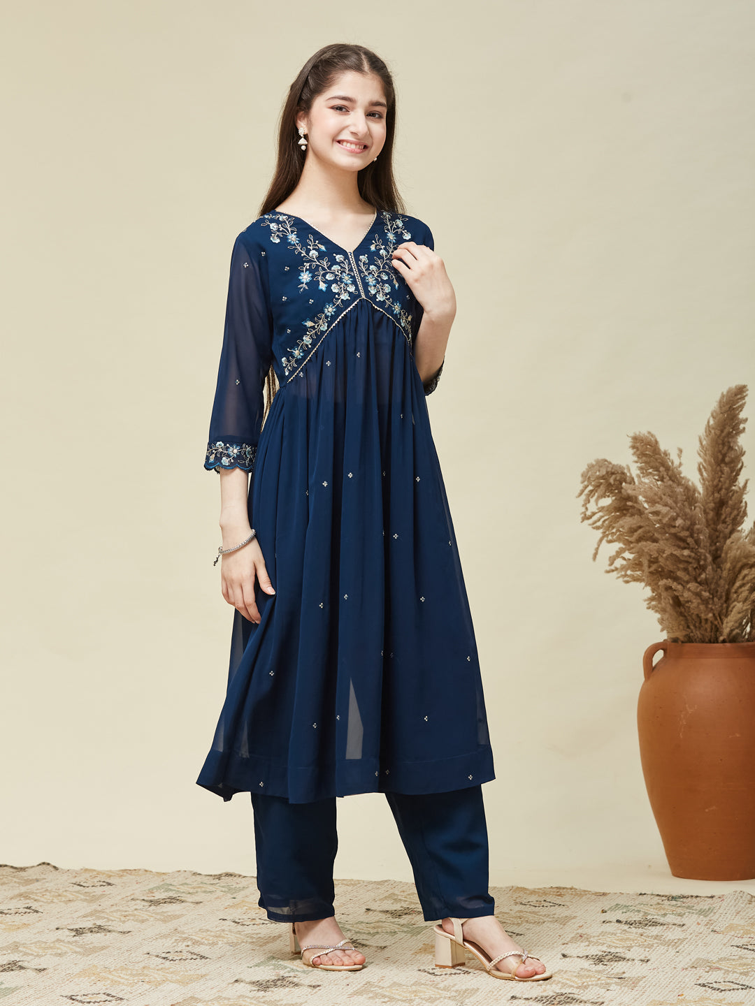 Teal Blue Georgette Embroidered Kurta & Pant Set for Girls
