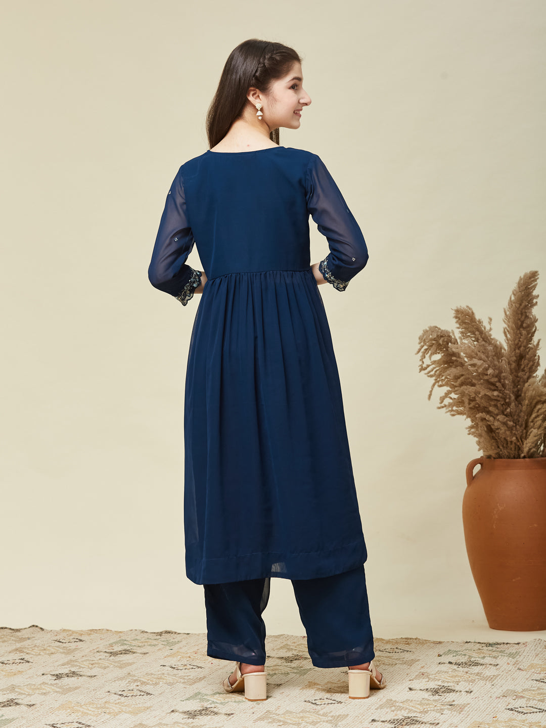 Teal Blue Georgette Embroidered Kurta & Pant Set for Girls