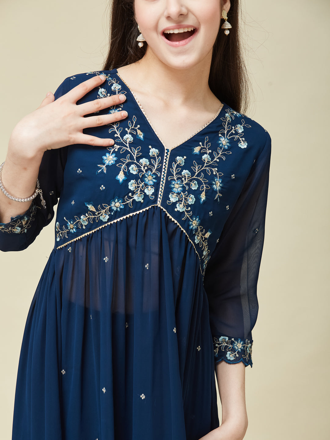 Teal Blue Georgette Embroidered Kurta & Pant Set for Girls