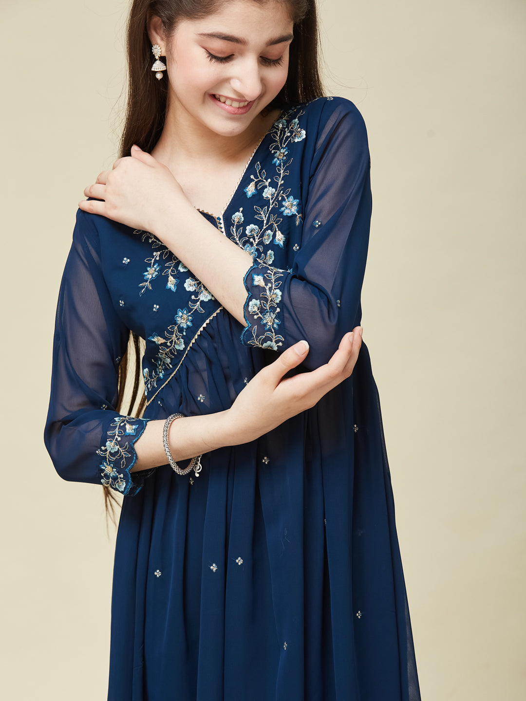Teal Blue Georgette Embroidered Kurta & Pant Set for Girls