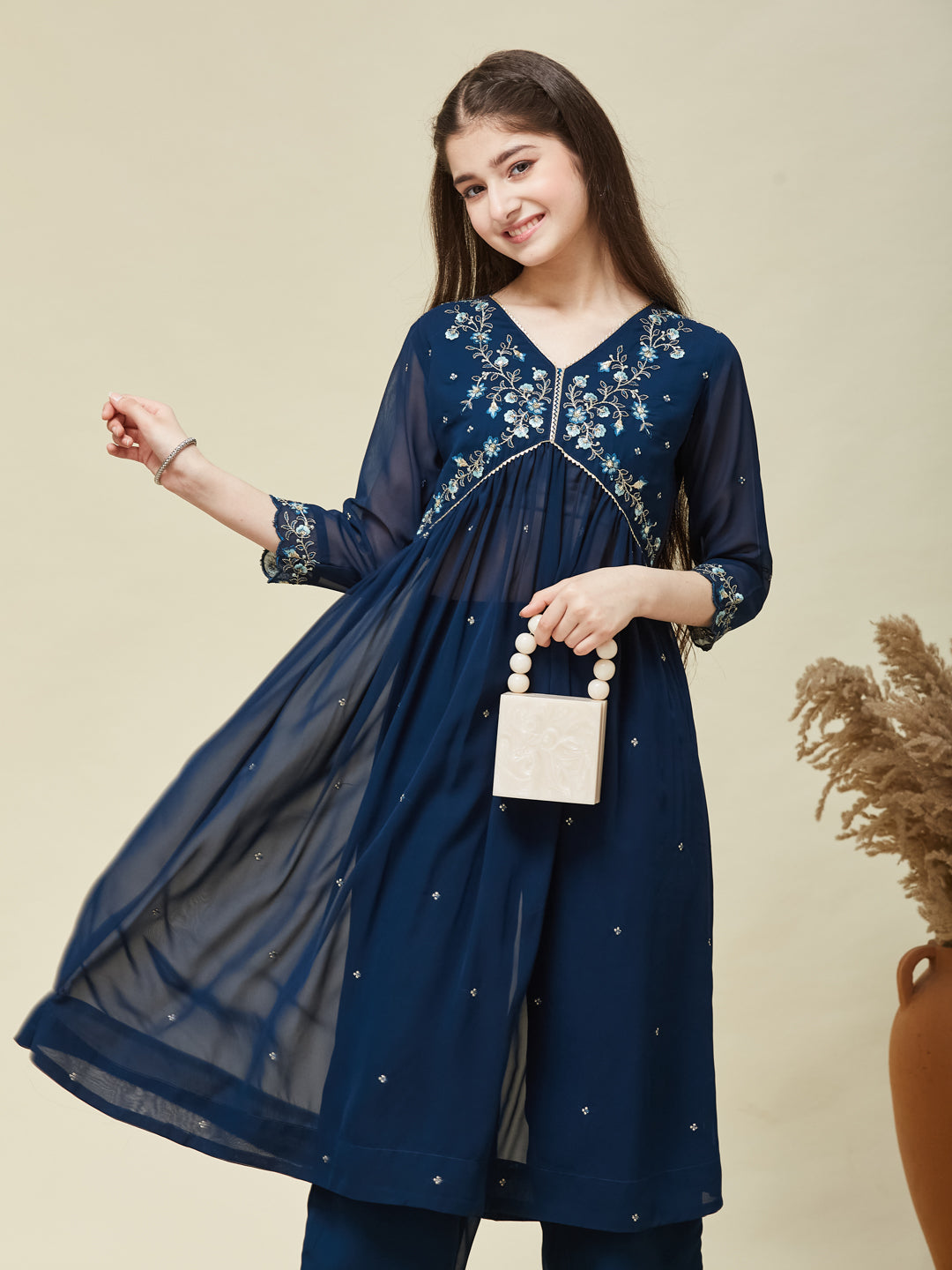 Teal Blue Georgette Embroidered Kurta & Pant Set for Girls