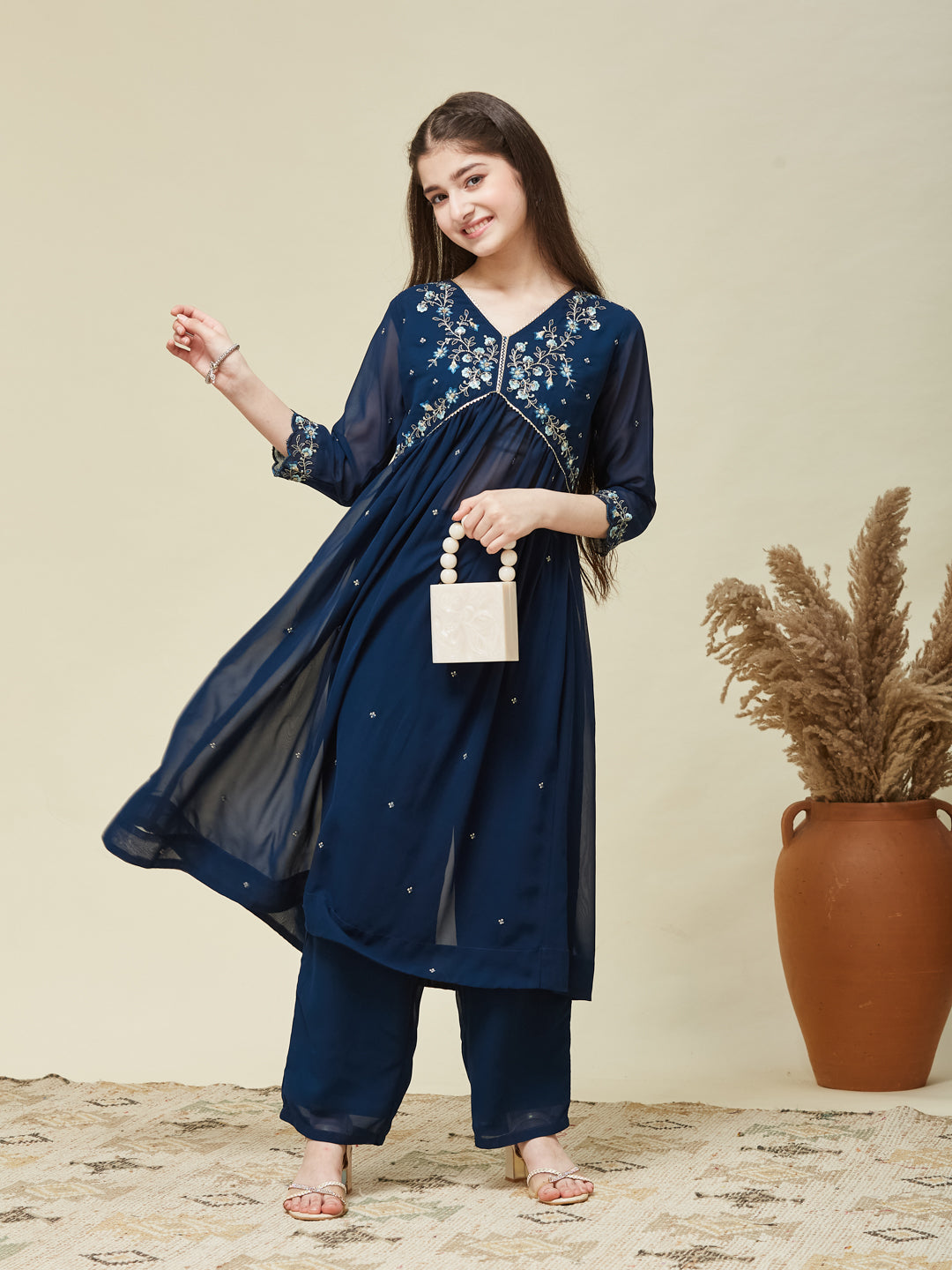 Teal Blue Georgette Embroidered Kurta & Pant Set for Girls