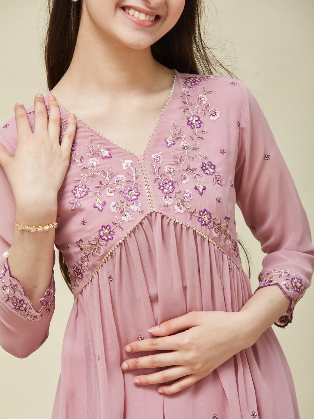 Pink Georgette Embroidered Kurta & Pant Set for Girls