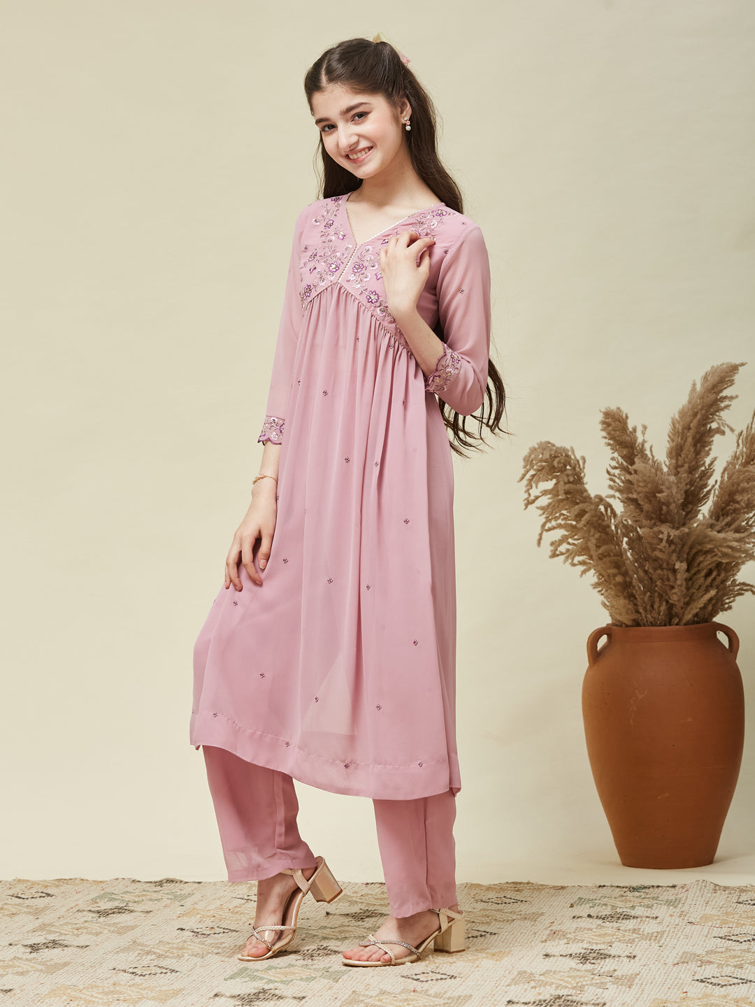 Pink Georgette Embroidered Kurta & Pant Set for Girls