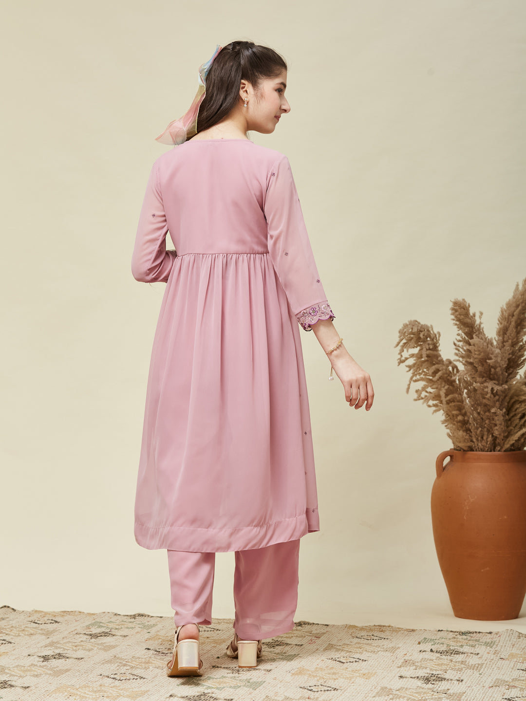 Pink Georgette Embroidered Kurta & Pant Set for Girls