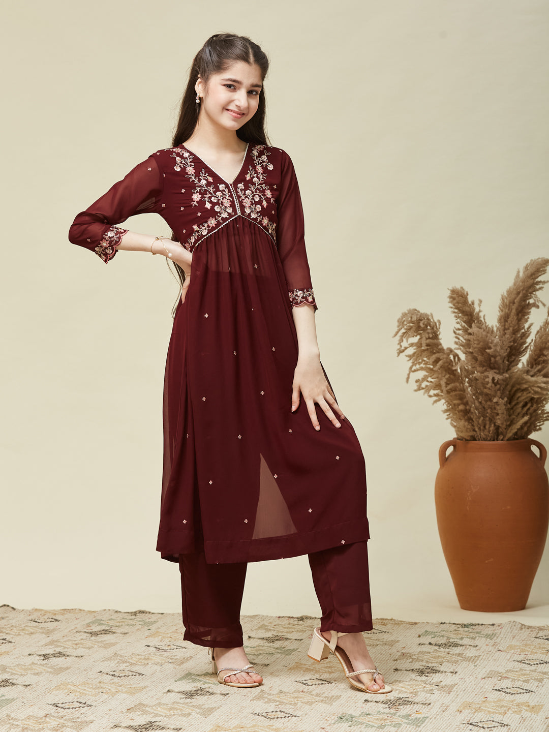 Maroon Georgette Embroidered Kurta & Pant Set for Girls