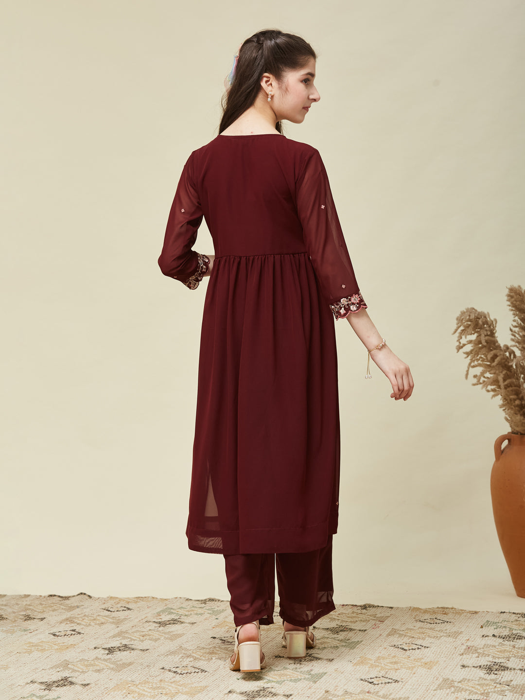 Maroon Georgette Embroidered Kurta & Pant Set for Girls