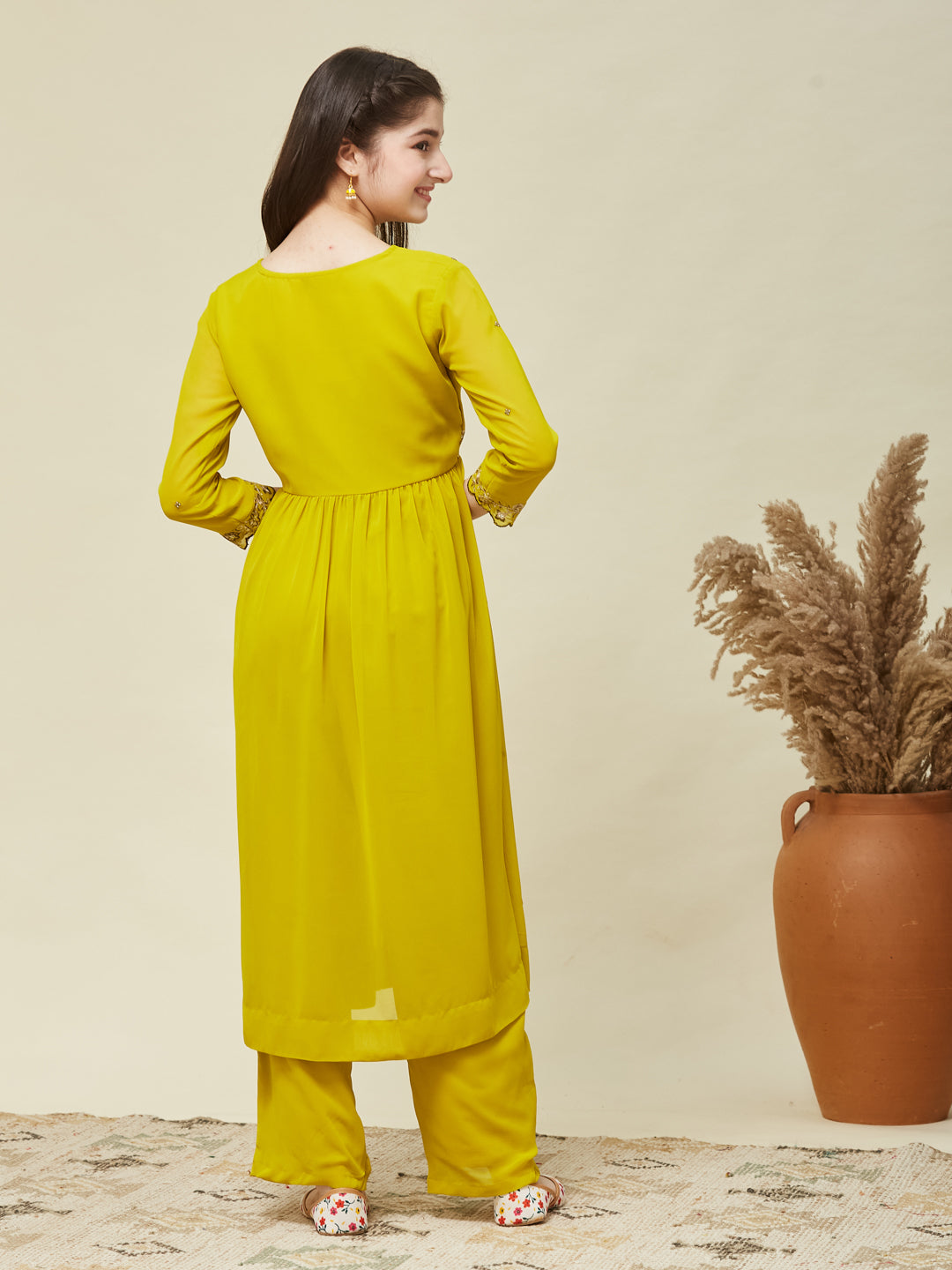 Neon Georgette Embroidered Kurta & Pant Set for Girls