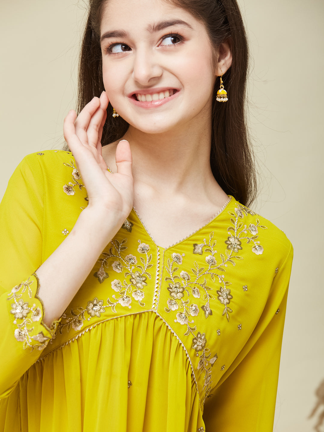 Neon Georgette Embroidered Kurta & Pant Set for Girls