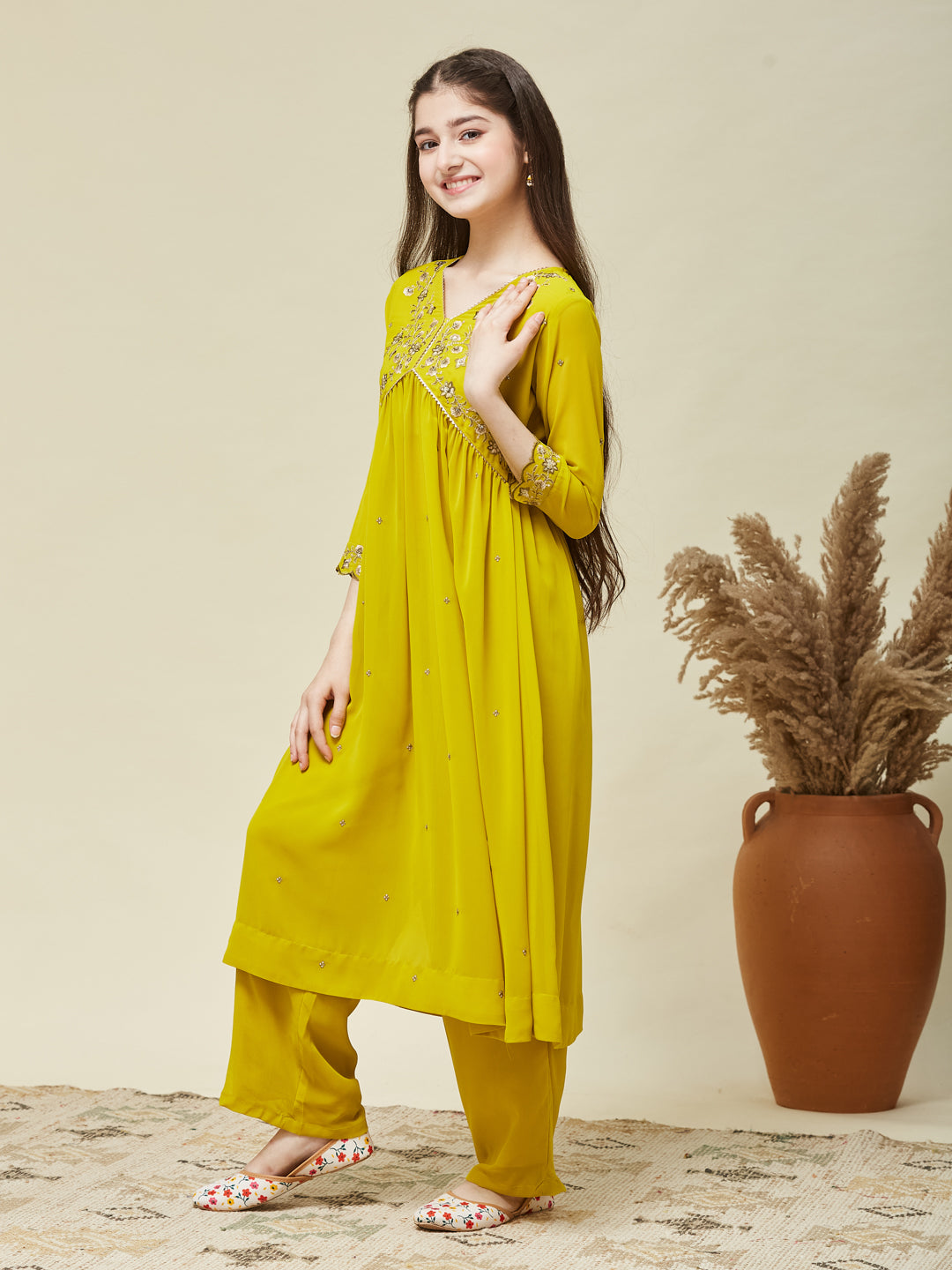 Neon Georgette Embroidered Kurta & Pant Set for Girls