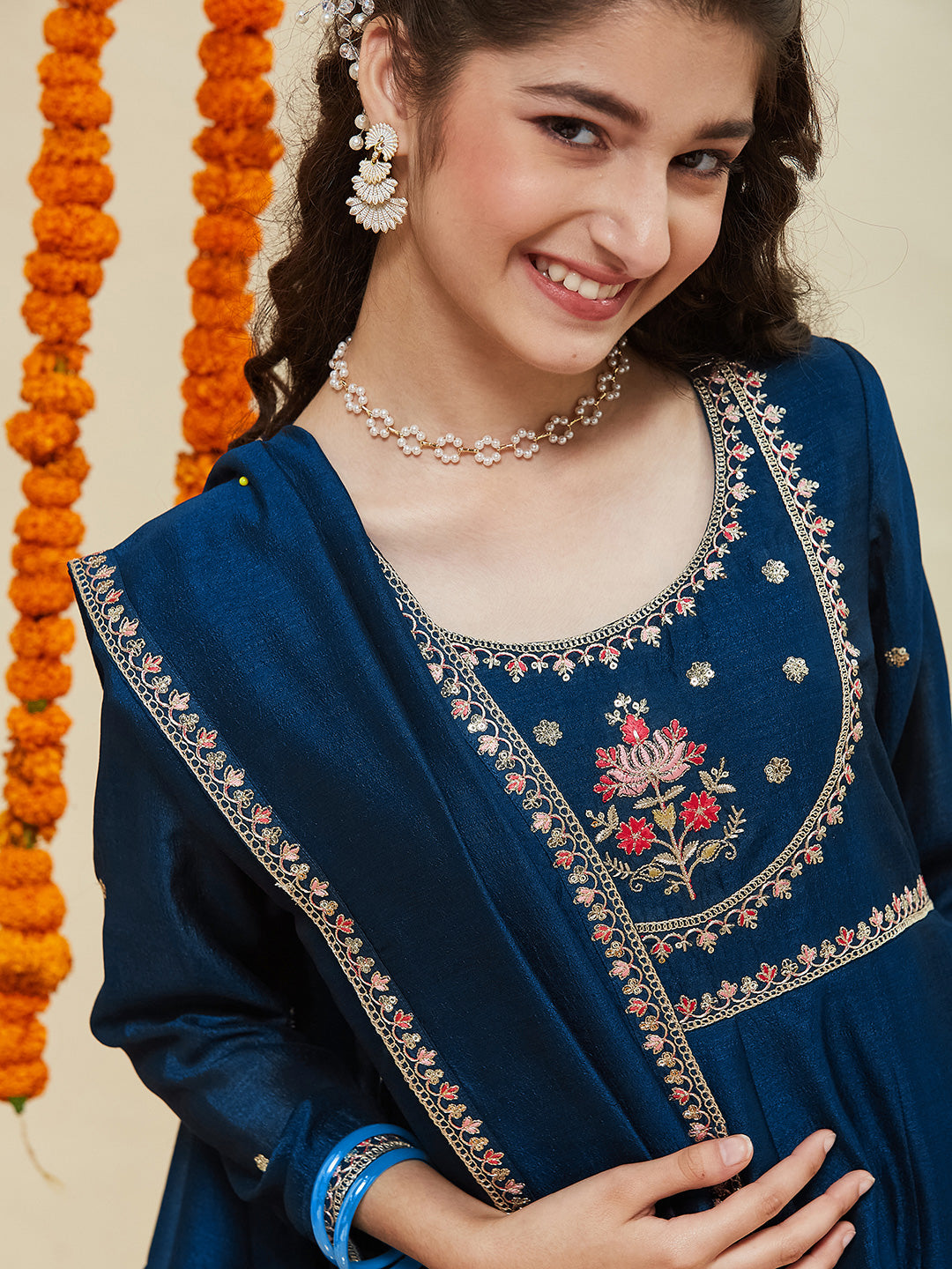 Girls Teal Blue Silk Embroidered Anarkali Set with Dupatta