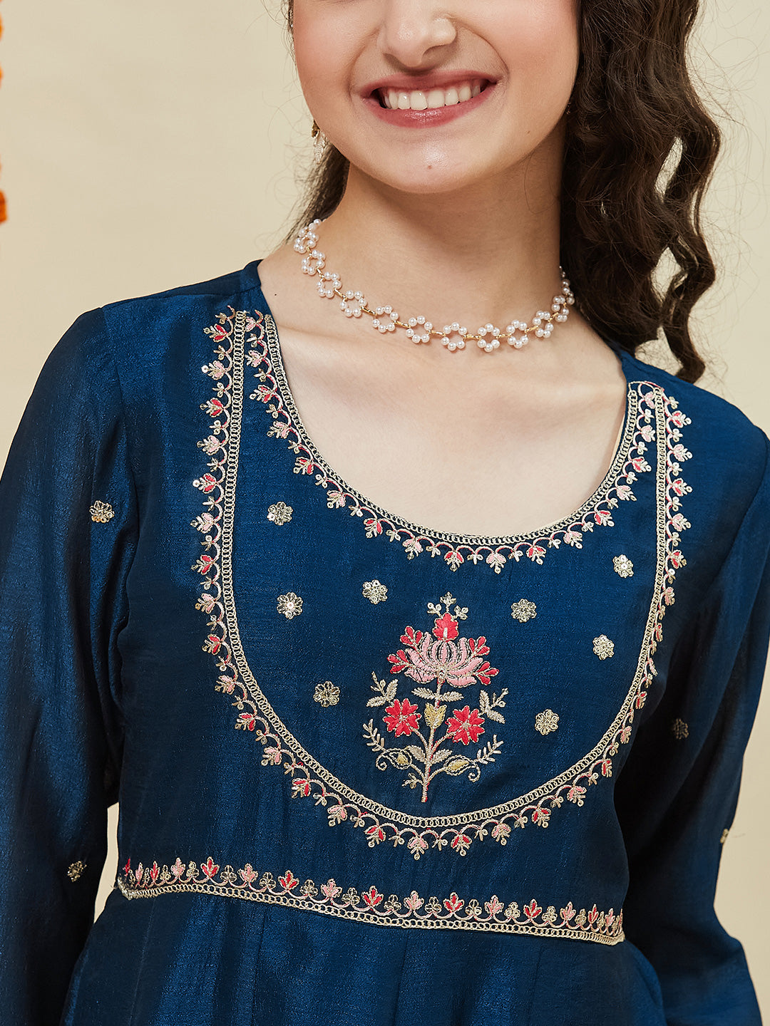 Girls Teal Blue Silk Embroidered Anarkali Set with Dupatta