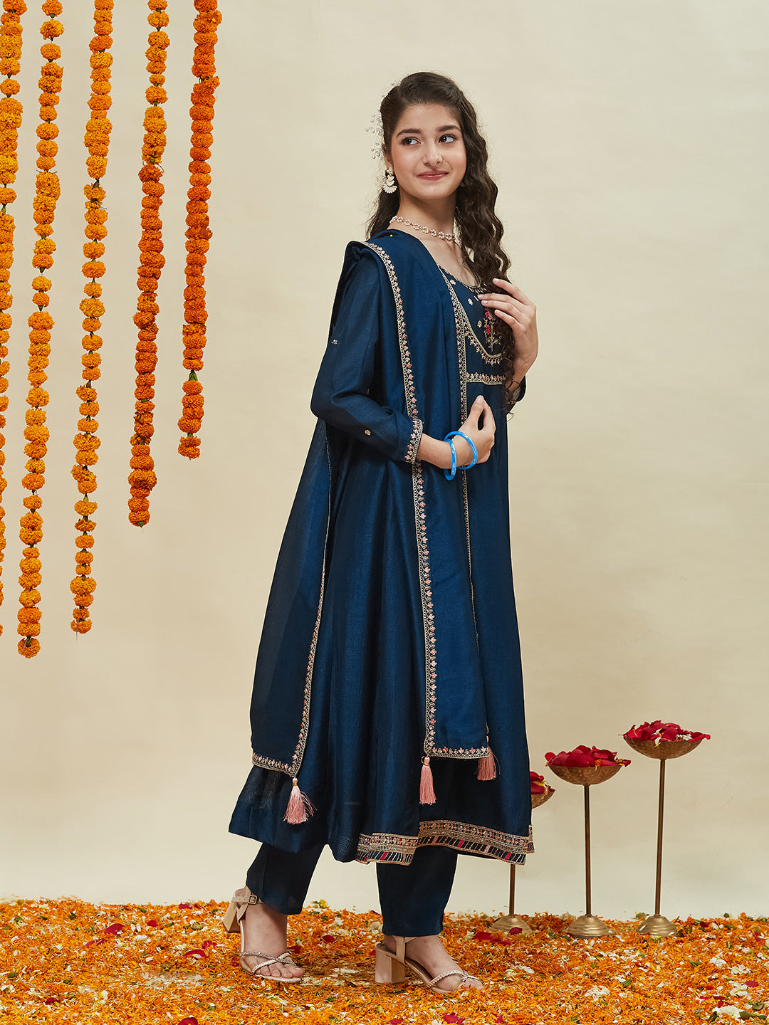 Girls Teal Blue Silk Embroidered Anarkali Set with Dupatta