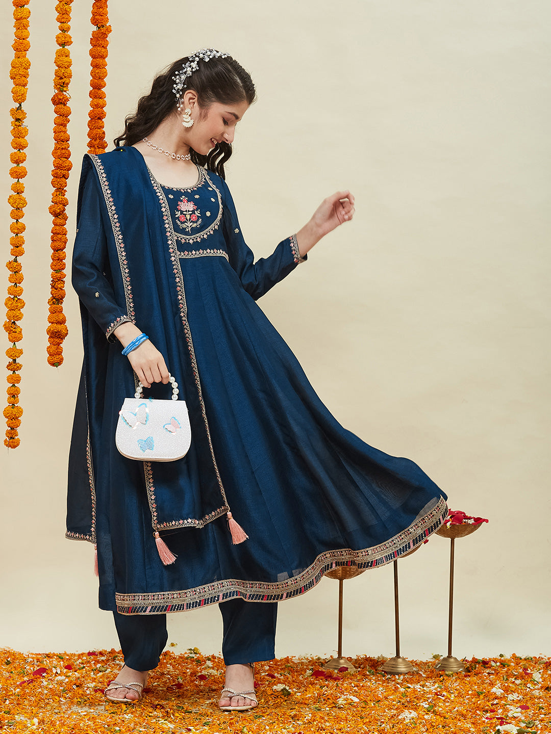 Girls Teal Blue Silk Embroidered Anarkali Set with Dupatta