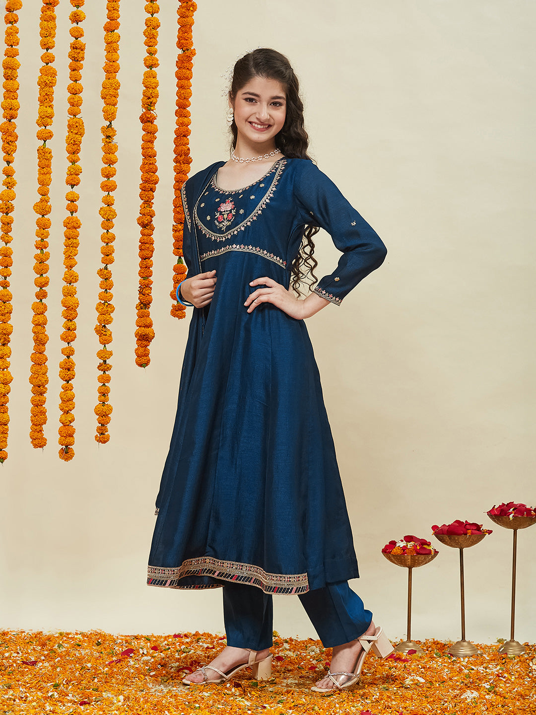 Girls Teal Blue Silk Embroidered Anarkali Set with Dupatta
