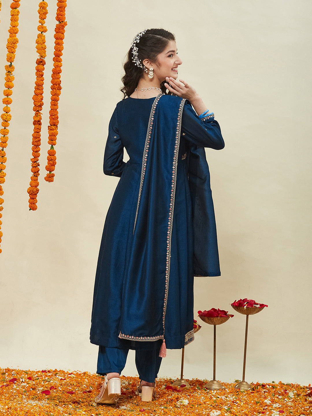 Girls Teal Blue Silk Embroidered Anarkali Set with Dupatta