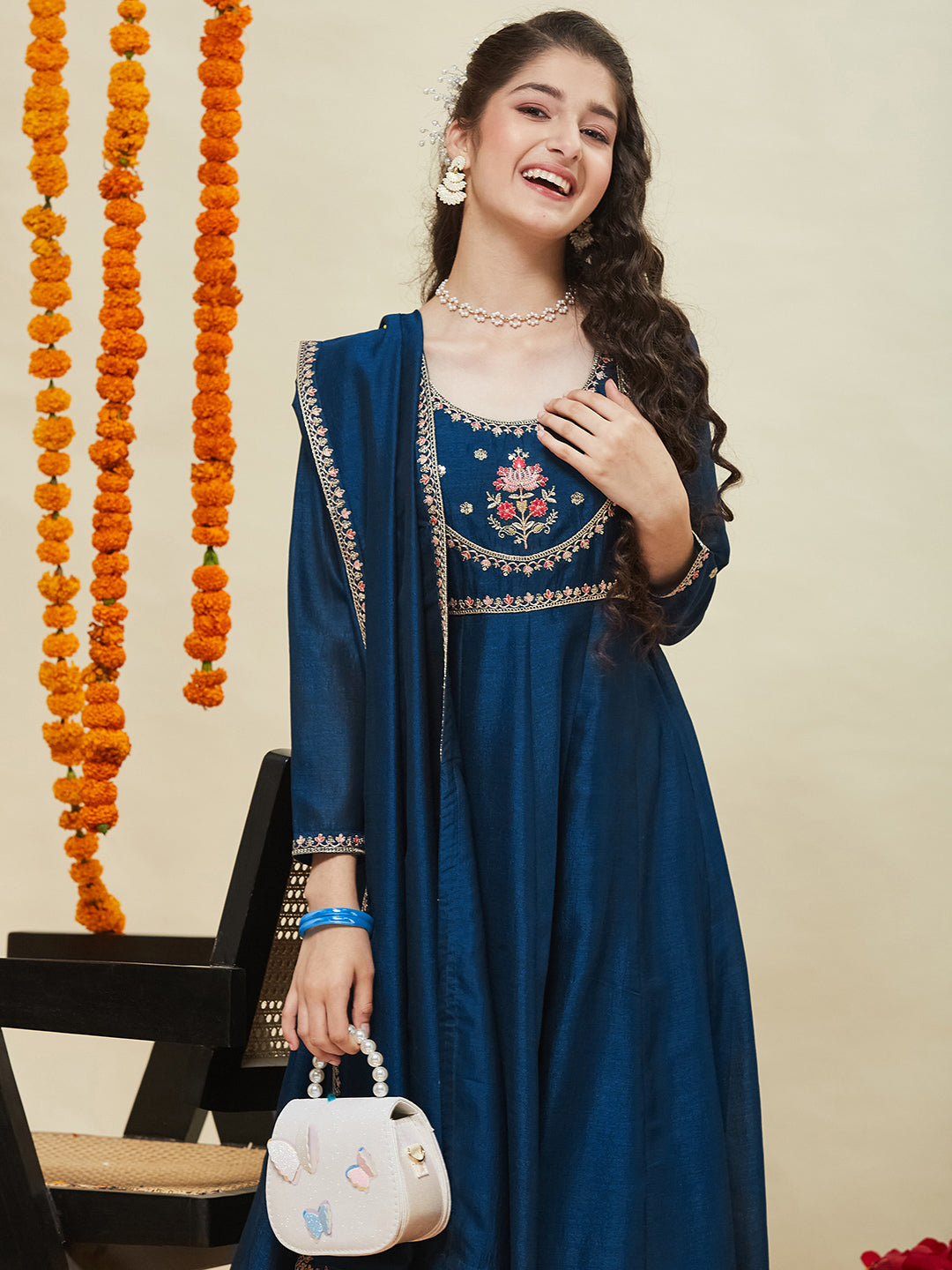 Girls Teal Blue Silk Embroidered Anarkali Set with Dupatta