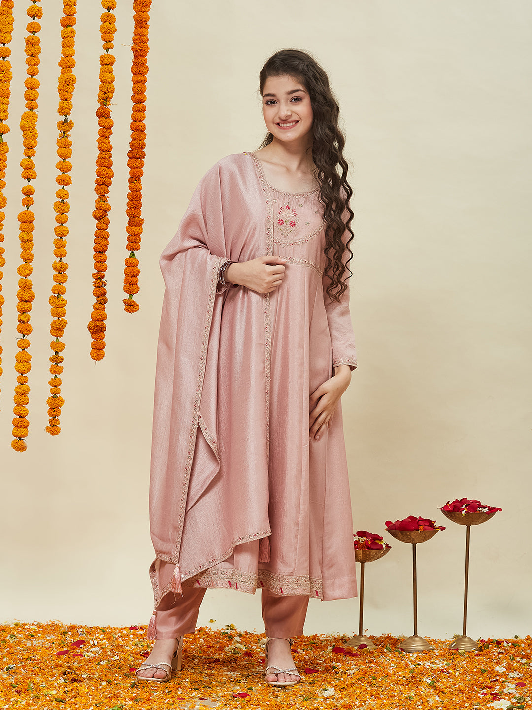 Girls Rose Pink Silk Blend Embroidered Anarkali Set with Dupatta