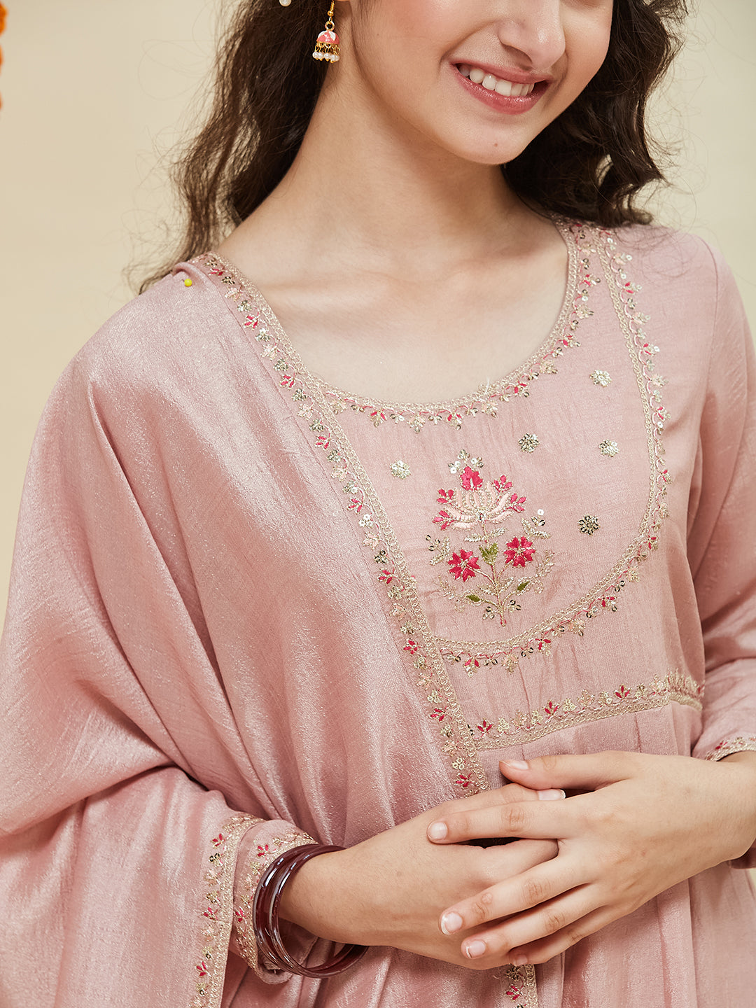 Girls Rose Pink Silk Blend Embroidered Anarkali Set with Dupatta