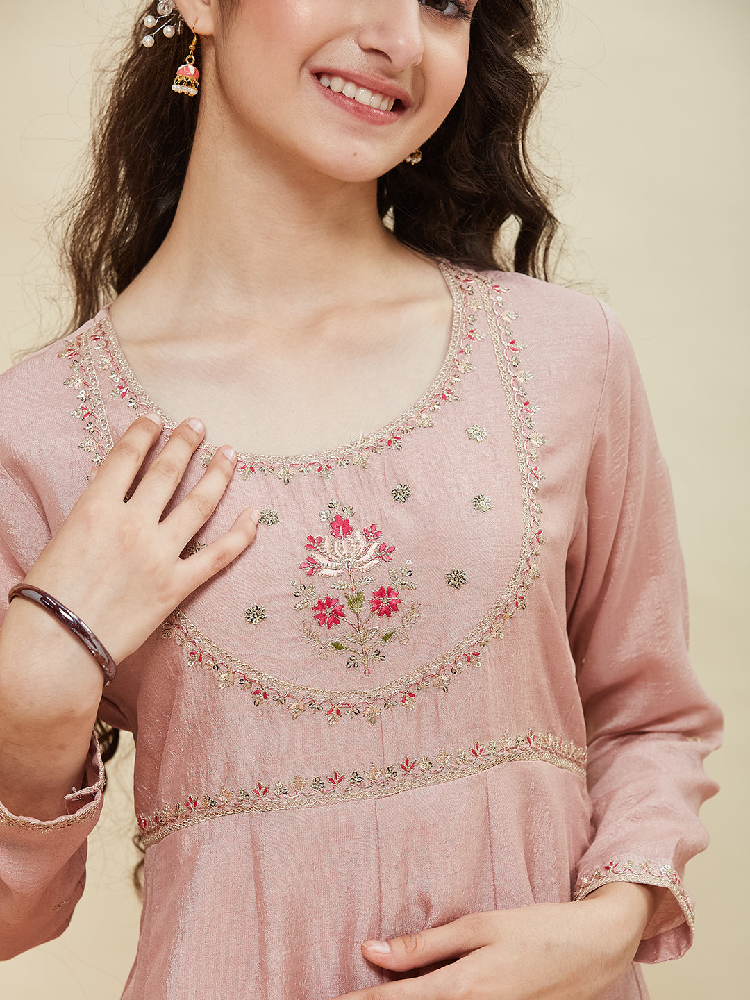 Girls Rose Pink Silk Blend Embroidered Anarkali Set with Dupatta