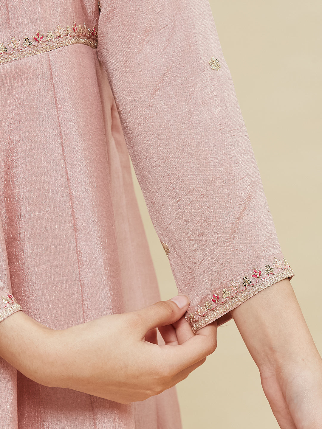 Girls Rose Pink Silk Blend Embroidered Anarkali Set with Dupatta