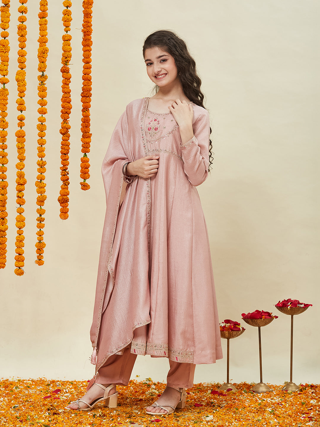 Girls Rose Pink Silk Blend Embroidered Anarkali Set with Dupatta