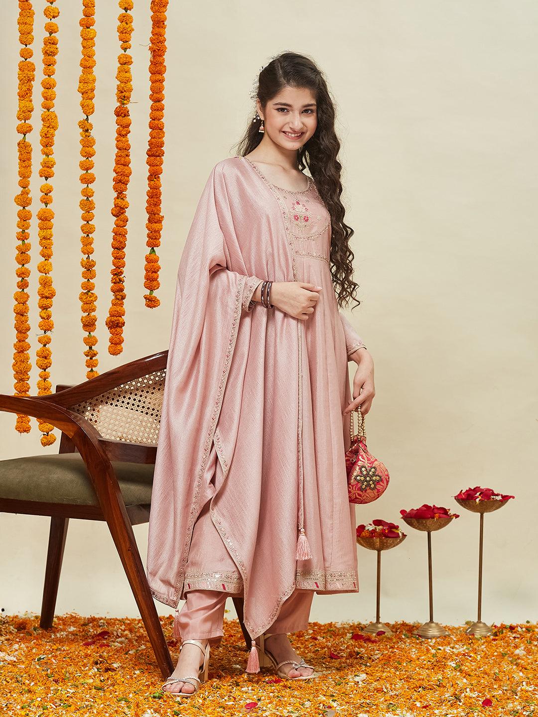 Girls Rose Pink Silk Blend Embroidered Anarkali Set with Dupatta