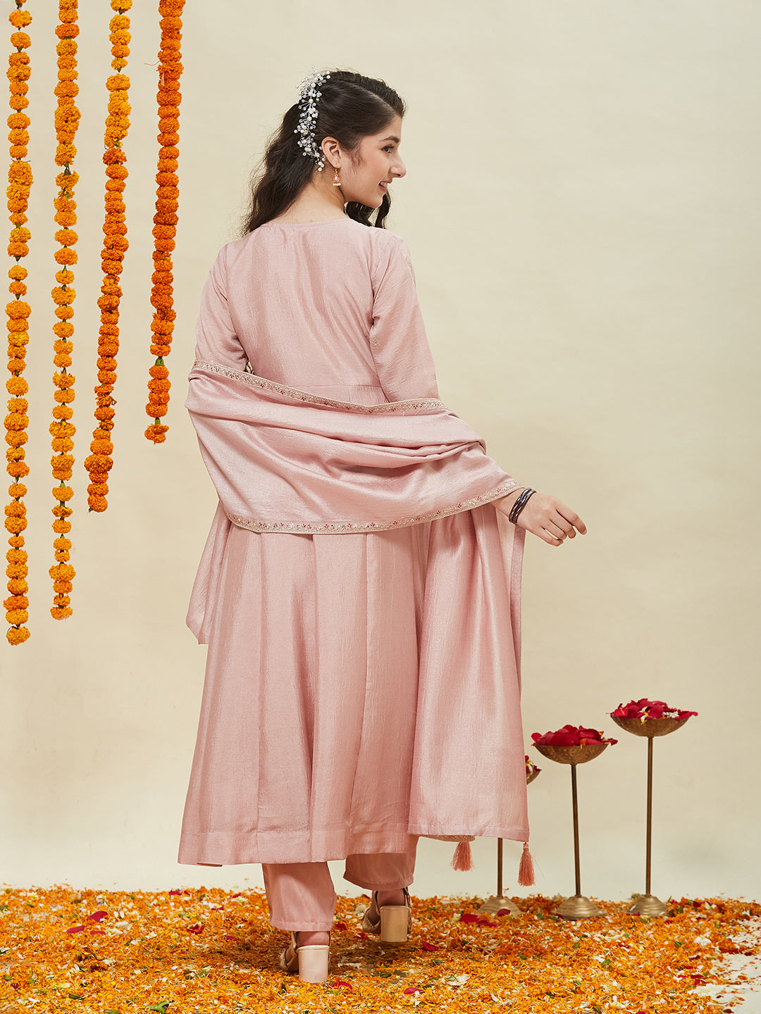 Girls Rose Pink Silk Blend Embroidered Anarkali Set with Dupatta