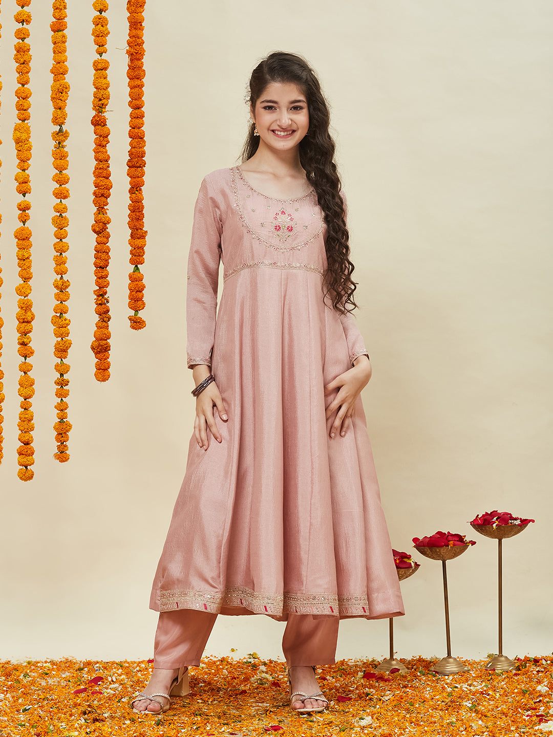 Girls Rose Pink Silk Blend Embroidered Anarkali Set with Dupatta