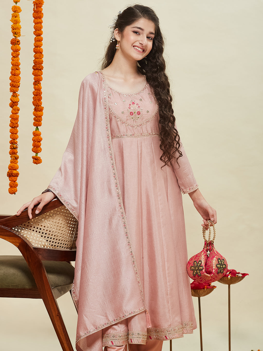 Girls Rose Pink Silk Blend Embroidered Anarkali Set with Dupatta